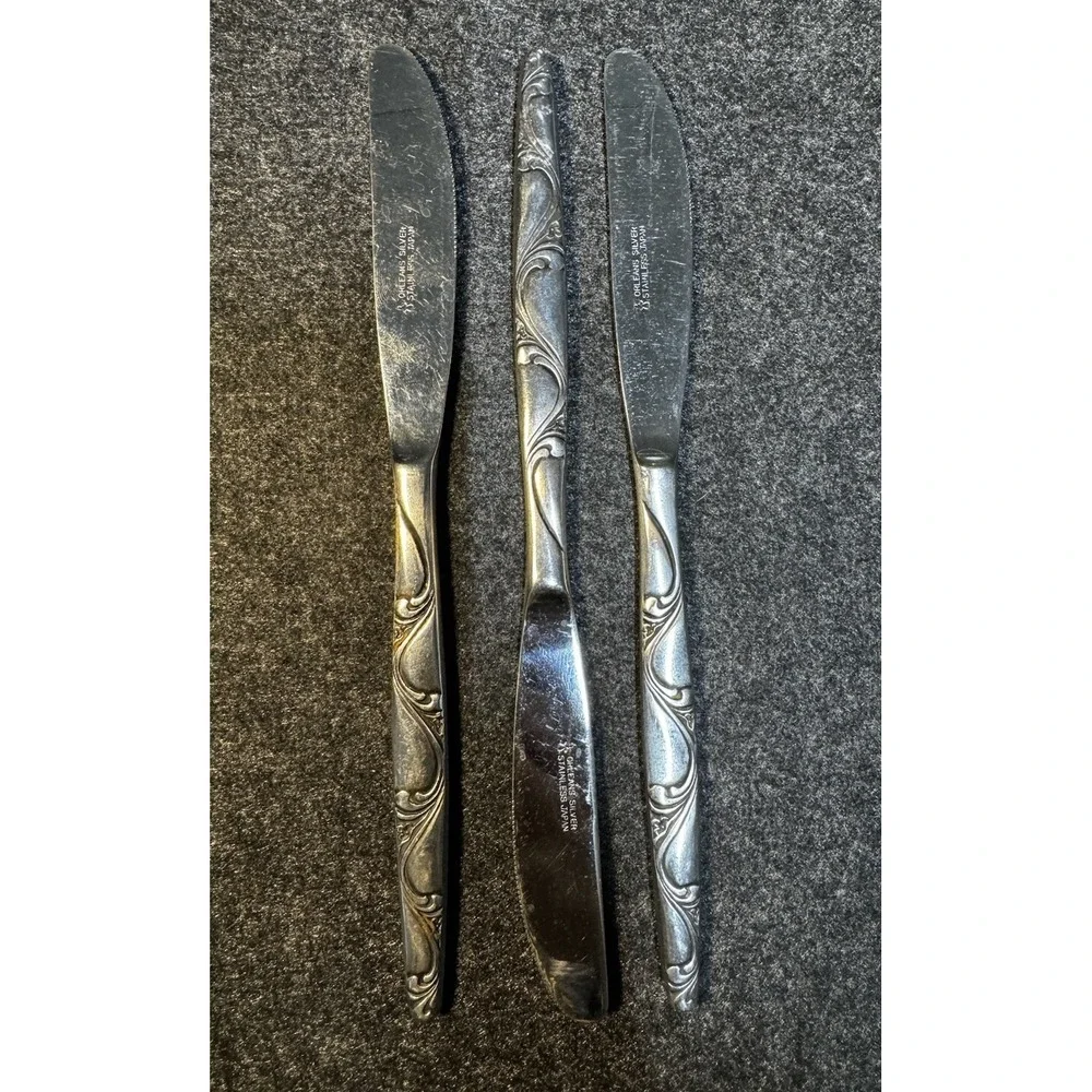 Orleans Ladies Fingers Pattern Stainless Set of 3 Dinner Knives Japan Vntg 50's